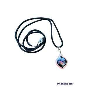 Vintage Cloisonne Floral Black Rope Victorian Pendant Necklace ~Chinese